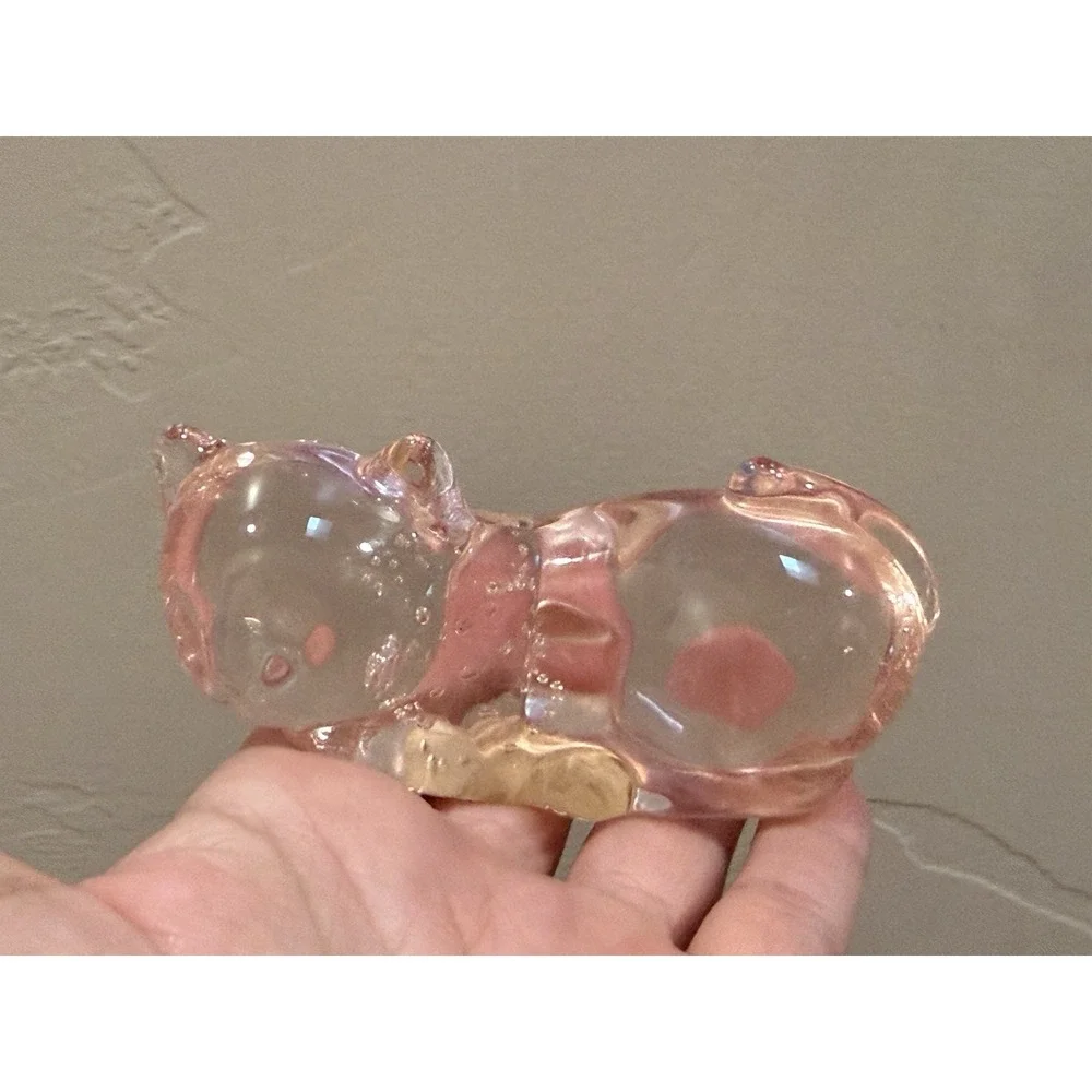 Vintage Pink Art Glass Sleeping Cat Figurine Controlled Bubbles West Dist Co 4